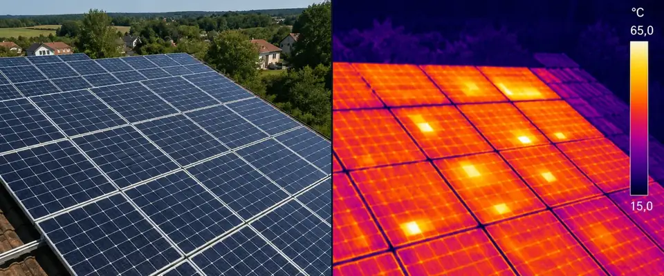 Toiture couverte de panneaux photovoltaïques, en vue visible puis en vue thermique (échelle de 15 à 65 °C).